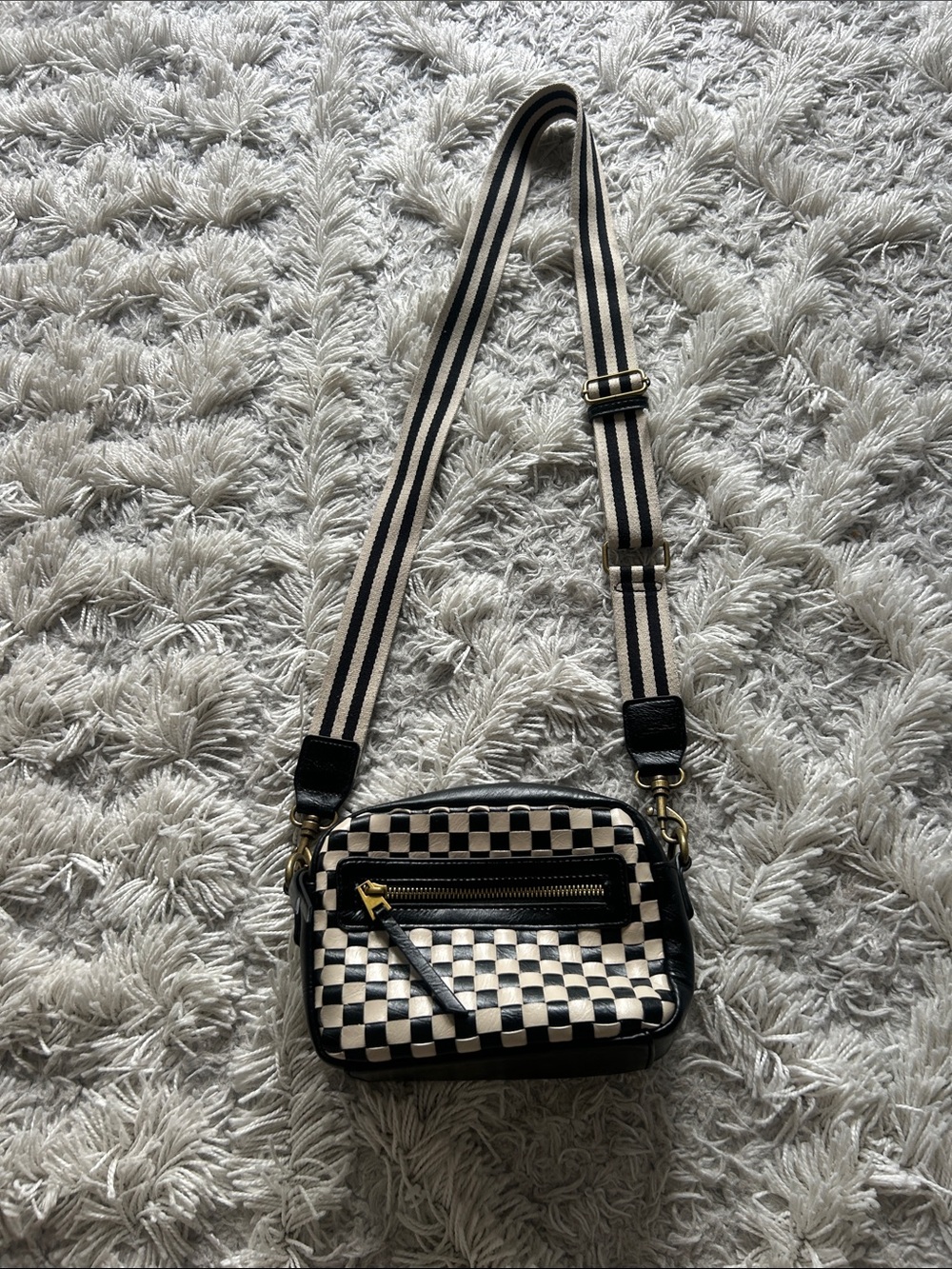 Black & White Check Crossbody Bag with Adjustable Stripe Strap